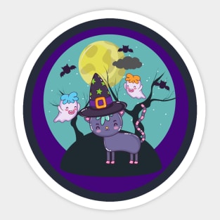 Cute Halloween Black Cat Under The Moon Sticker